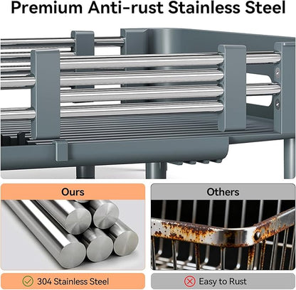 Urackify Stainless Steel Dish Drying Rack - Dish Drainer for Kitchen Counter, Extendable Drainboard with Foldable, Space-Saving Cup & Bowl Organizer, Includes Knife and Utensil Holder, Matte-Green