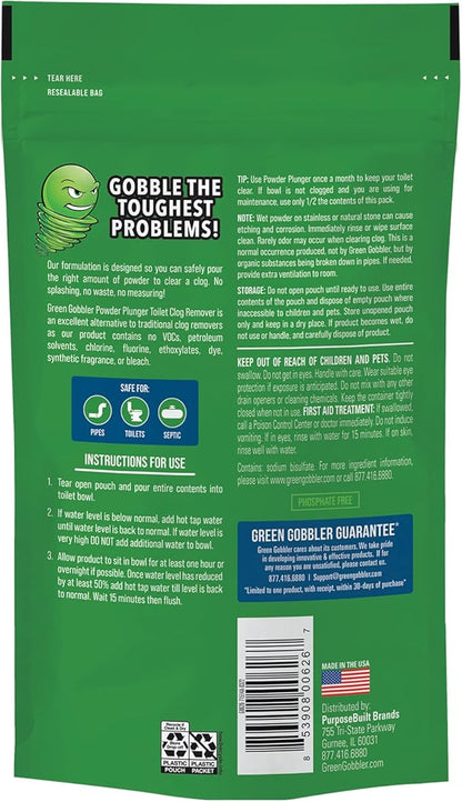 Green Gobbler POWDER PLUNGER Toilet Bowl Clog Remover - 2 Pack Net WT 16.5 oz