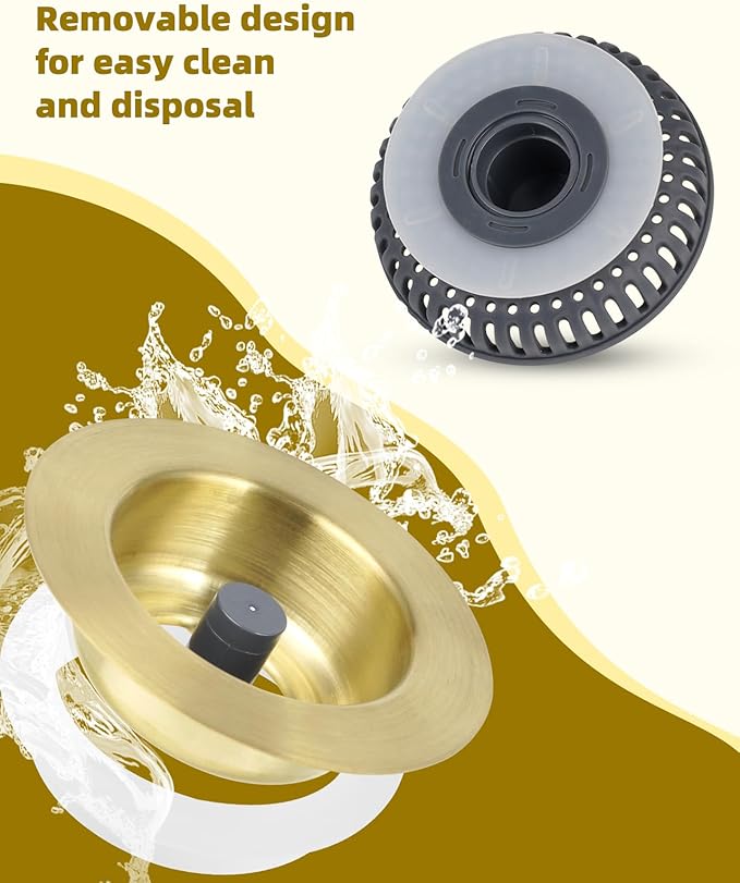 Hygie Rinse 3 in 1 Kitchen Sink Strainer, Pop Up Gold Sink Stopper Drainer with for US Standard 3-1/2 inch Drain Filter, Equiped with Additional 2pcs Strainers, Anti-Clog