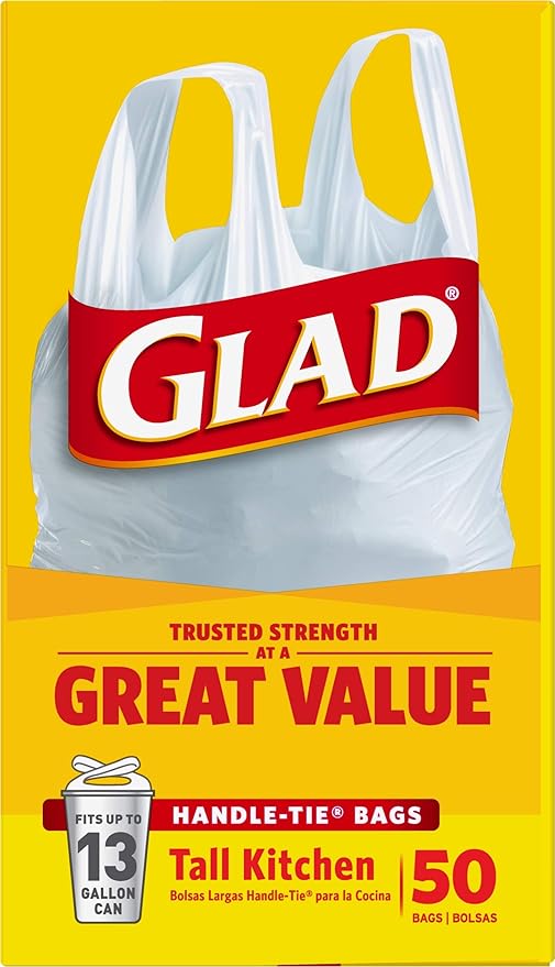 Glad Tall Kitchen Trash Bags 13 Gallon, Unscented Garbage Bags, Handle-Tie, 50 Count