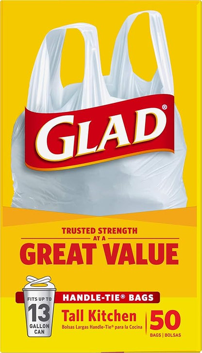 Glad Tall Kitchen Trash Bags 13 Gallon, Unscented Garbage Bags, Handle-Tie, 50 Count
