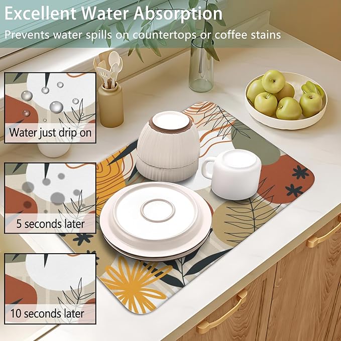 Dish Drying Mat for Kitchen Counter 2 Pack with Non-Slip Rubber Backing - Heat-Resistant Absorbent Coffee Bar Mat, Dish Rack Mat, Boho Dish Drying Mats 18x24+19.5x12 inch