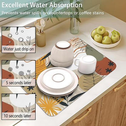 Dish Drying Mat for Kitchen Counter 2 Pack with Non-Slip Rubber Backing - Heat-Resistant Absorbent Coffee Bar Mat, Dish Rack Mat, Boho Dish Drying Mats 18x24+19.5x12 inch
