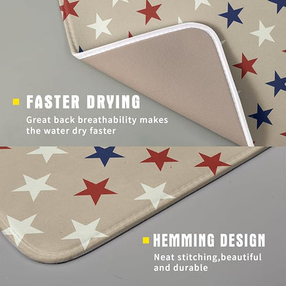Patriotic July of 4th Blue Red White Star Dish Drying Mat for Kitchen Counter 16x18 Independence Day Absorbent Reversible Microfiber Drying Mats Kitchen Countertop Protector Dishes Drainer Rack Pad