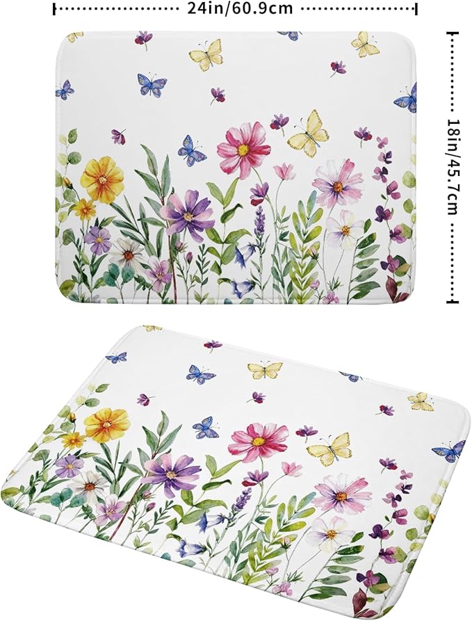 Wildflower Dish Drying Mat for Kitchen 24x18 Inch Colorful Floral Butterfly Drying Mat with Absorbent Reversible Microfiber Season Spring Dish Drainer Mats Rack Pad for Coffee Countertop Protector