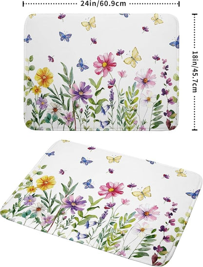 Wildflower Dish Drying Mat for Kitchen 24x18 Inch Colorful Floral Butterfly Drying Mat with Absorbent Reversible Microfiber Season Spring Dish Drainer Mats Rack Pad for Coffee Countertop Protector