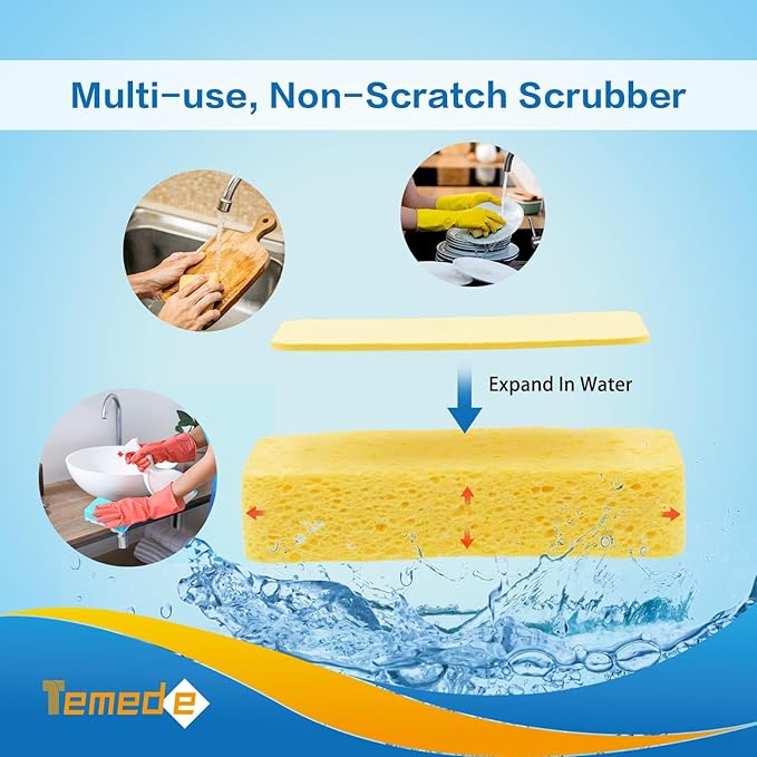 Temede Large Cellulose Sponges, Kitchen Sponges for Dish, Thick Heavy Duty Scrub Sponges, Non-Scratch Scrubber for Household, Cookware, Bathroom, Compressed Packaging (5 Pack)