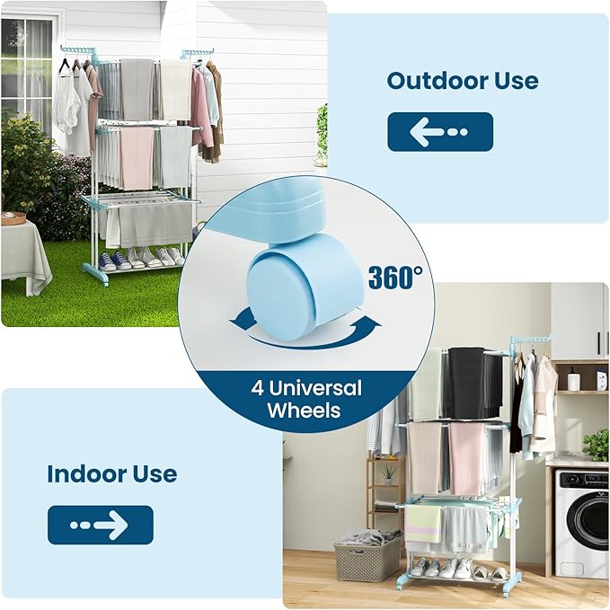 Giantex Foldable Clothes Drying Rack, Oversized 4-Tier Collapsible Laundry Rack w/ 3 Retractable Trays, Hanger Holders, Moveable Laundry Garment Dryer Stand w/Wheels for Indoor Outdoor Use, Blue