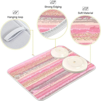 Pink Gold Stripe Dish Drying Mat for Kitchen Countertop 18x24 Rectangle Large Drying Mat Reusable Quick Dry Dish Sink Absorbent Mats Dishwasher Easy Clean Decorative Home Decor Essentials