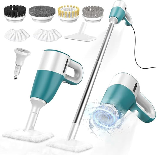 Steam Cleaner with Electric Spin Brush, No Manual Scrubbing, 1200W 2-in-1 Steamer for Cleaning Tool, 2 Modes, 11 Accessories, Detachable Long Handle for Home, Floor, Tile, Grout, Bathroom(Green)