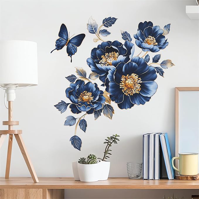 Gorgeous Blue Peony Rose Flower Wall Stickers, sacinora Butterfly Floral Art 3D Wall Decals Removable Vinyl Peel and Stick for Bedroom Study Room Bathroom Home Decorations