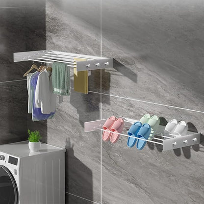 Upgrade 6 Knob Hooks Laundry Drying Rack Clothing, Wall Mounted Clothes Drying Rack 40" Wide, Large Foldable Collapsible Laundry Racks for Drying Clothes with Wall Template, 5 Aluminum Rods