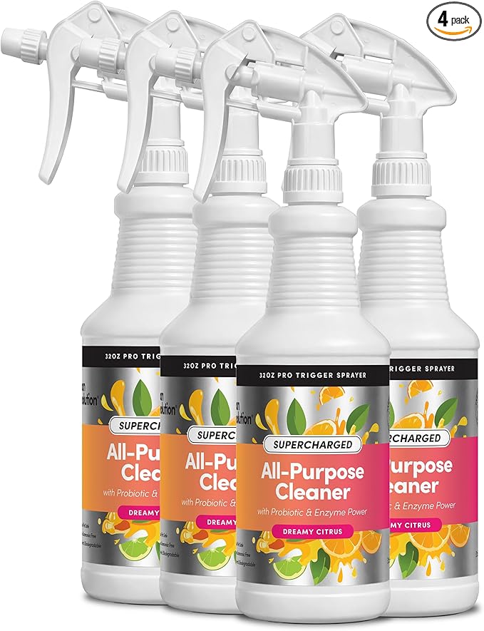 Clean Revolution SuperCharged All Purpose Cleaner Refill with Smart Probiotic + Enzyme Complex, Multi-Surface Kitchen Bathroom & Floor Cleaner, Dreamy Citrus, 32 Fl Oz (Pack of 4)
