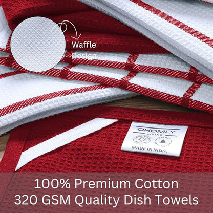 Assorted Waffle Kitchen Towels 100% Cotton Set of 6 - Heavy Duty 320 GSM Quality Dish Cloths - Soft Absorbent Washable for Kitchen Use - Quick Drying Dish Towel 16x26 inch Red