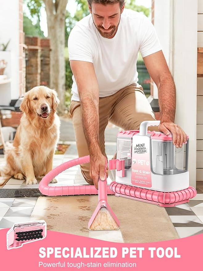 Portable Carpet & Upholestery Cleaner Machine for Pets, Spot, Stain, Couch Cleaner Machine with Powerful Suction and and Cleaning Solution, Car/Auto Detailer, Lightweight Compact Design, Pink