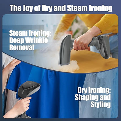 Powerful Handheld Fabric Steamer - 1800W with Fast Ceramic Heat-Up Plate, 2-in-1 Ironing & Wrinkle Remover, Steam Nozzle, Lint Brush - Gray, for US 120V Only