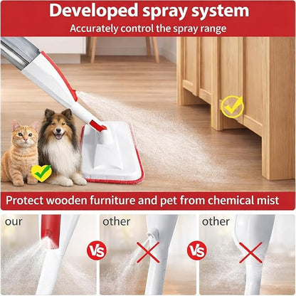 Spray Mop for Floor Cleaning with Refillable Bottle (14 oz), 3 Washable Microfiber Pads & Scraper – Lightweight 360° Rotating Mop, No Batteries, Streak-Free Cleaning for Hardwood, Tile & Laminate