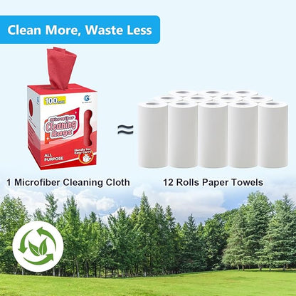 GLIMGLINT Red Microfiber Cleaning Cloth, 100 Pack Cleaning Rags, Lint-Free, Ultra Absorbent Reusable Paper Towels for Home, Kitchen, Car, Garage or Shop, Dish Rags, 11" x 9"