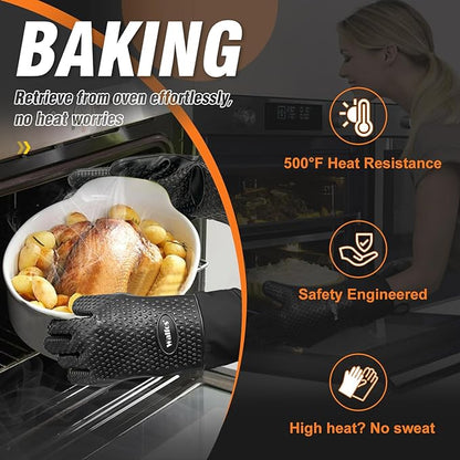 Walfos Silicone BBQ Gloves - Heat Resistant Grilling Gloves, Premium Non-Slip Kitchen Silicone Oven Mitt With Protective Cotton Layer Inside, Waterproof, Great for Grilling, Kitchen and Cooking, Black
