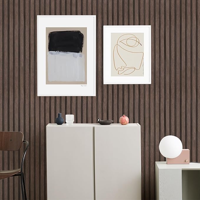 Yun-aeon Natural Wood Peel and Stick Wallpaper Wood Slats - 17.3"x 1200" Dark Brown Self-Adhesive Waterproof Vinyl Removable Wall Paper for Wall Decor Bedroom
