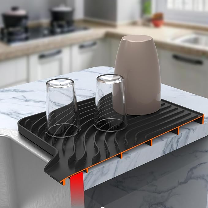 Silicone Drying Mat for Kitchen Counter , Dish Drying Rack Matt with Built in Drain, 18 Inch Dry Mats for Dishes Drying Pad for Kitchen Counter (18×12inch Extra Raised, black)