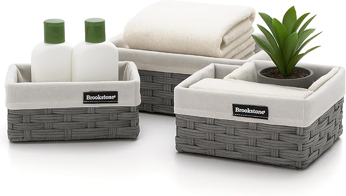 Brookstone Wicker Shelf Storage Basket Decorative Shelf Bin, bathroom organizers and storage, Boho Living Room Decor, Spring Storage 2026-3 Piece Set