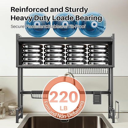Over The Sink Dish Drainer Drying Rack 3 Tiers with Cover, Keep Kitchen Sink Shlef Organized Space-Saving Dish Drying Rack, Large Stainless Steel Sink Drying Rack for Dishes, Bowls, Cutlery (33.4"W)
