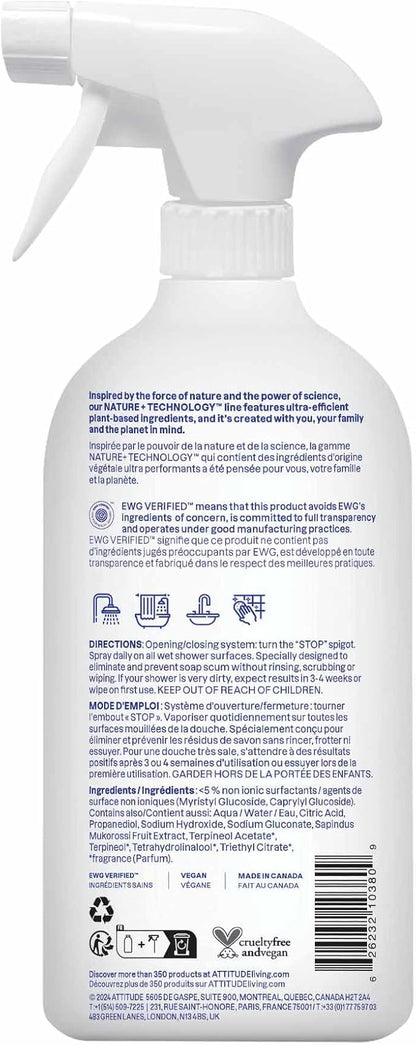 ATTITUDE Shower & Tile Cleaner Spray, EWG Verified, Bathroom Cleaner Removes Soap Scum & Grime, Plant-Based & Vegan, Citrus Zest Scent, 27.1 Fl Oz