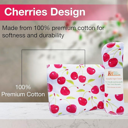 Pack of 10 Reusable Paper Towels | 10x10 Inch Cotton Towels | Kitchen Utensils Print | Eco Friendly, Washable, Quick Drying | Sustainable Cleaning Cloths | Cherries