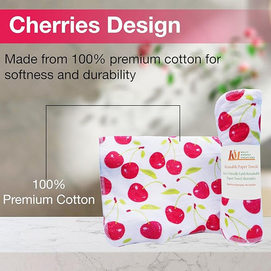 Pack of 10 Reusable Paper Towels | 10x10 Inch Cotton Towels | Kitchen Utensils Print | Eco Friendly, Washable, Quick Drying | Sustainable Cleaning Cloths | Cherries