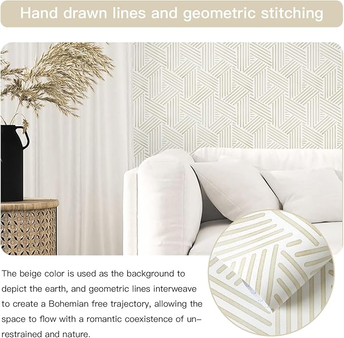 Ismoon 78.7"x17.3" Boho Wallpaper Peel and Stick Modern Beige Wallpaper Geometric Contact Paper Neutral Line Removable Wall Paper Textured Hexagon Renter Friendly Kitchen Bathroom Vinyl Roll