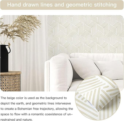 Ismoon 78.7"x17.3" Boho Wallpaper Peel and Stick Modern Beige Wallpaper Geometric Contact Paper Neutral Line Removable Wall Paper Textured Hexagon Renter Friendly Kitchen Bathroom Vinyl Roll