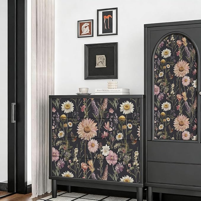 Livebor Dark Floral Peel and Stick Wallpaper Vintage Floral Contact Paper 16.9” x 196.8” Bird Flower Wallpaper Peel and Stick Boho Flower Self Adhesive Removable Wall Paper Decor for Cabinets Vinyl