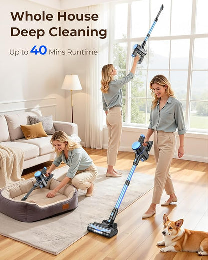 UML0 N8 Cordless Vacuum Cleaner,Lightweight Stick Vacuum with Powerful Suction,2200mAh Battery,40 Mins Runtime, Self-Standing,Rechargeable Vacuum Cleaners for Home Hardwood Floor Pet Hair (Azure)