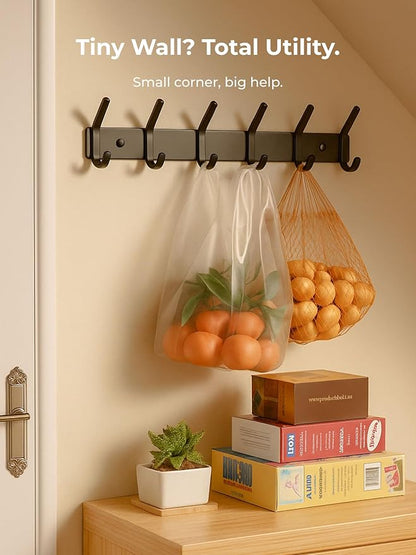 GWAAZXGZ Coat Rack Wall Mount Hooks - 15 Inch Matte Black Metal 6-Hook Organizer Wall Mounted, Modern Kids Room, Entryway & Bathroom Hanger for Beach Towels, Coats, Purses, Bags (2 Pack)