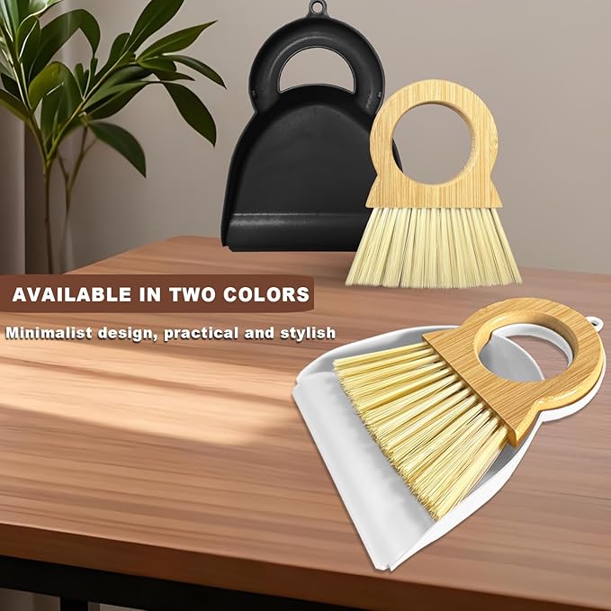 Mini Broom and Dustpan Set - Compact Bamboo Handle Cleaning Kit with Mini Dustpan Brush for Countertops, Tables, Desks - Small Dust Pan and Broom Combo for Tiny Spaces (White)
