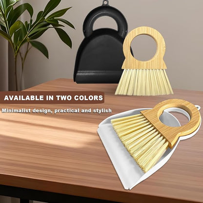 Mini Broom and Dustpan Set - Compact Bamboo Handle Cleaning Kit with Mini Dustpan Brush for Countertops, Tables, Desks - Small Dust Pan and Broom Combo for Tiny Spaces (White)