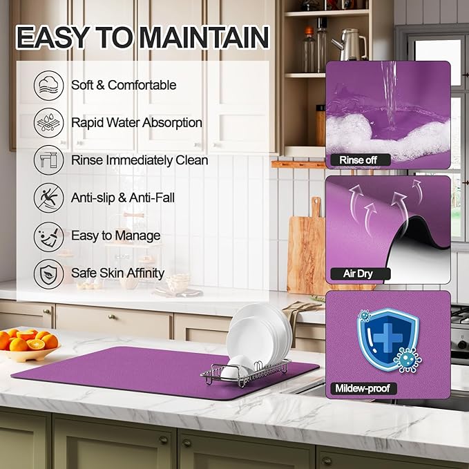 Ecotrim - Dish Drying Mat for Kitchen Counter | Coffee Bar Mat for Countertops | Heat Resistant Drainer Mat with Non-slip Rubber Backed | Hide Stain Kitchen Absorbent Draining Mat | Purple 18"x32"