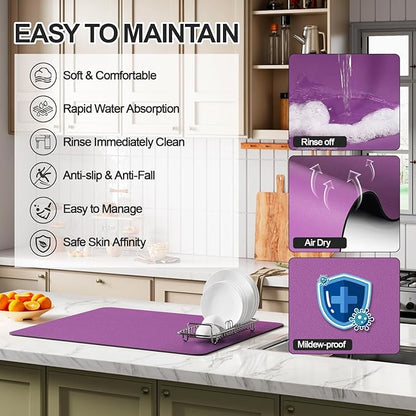 Ecotrim - Dish Drying Mat for Kitchen Counter | Coffee Bar Mat for Countertops | Heat Resistant Drainer Mat with Non-slip Rubber Backed | Hide Stain Kitchen Absorbent Draining Mat | Purple 18"x32"