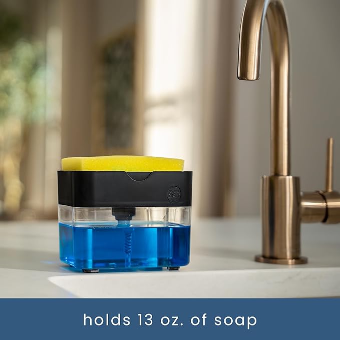 S&T INC. Dish Soap Dispenser and Sponge Holder for Kitchen Sink with Enhanced Features, Sponge Included, 13 Ounces, Matte Black