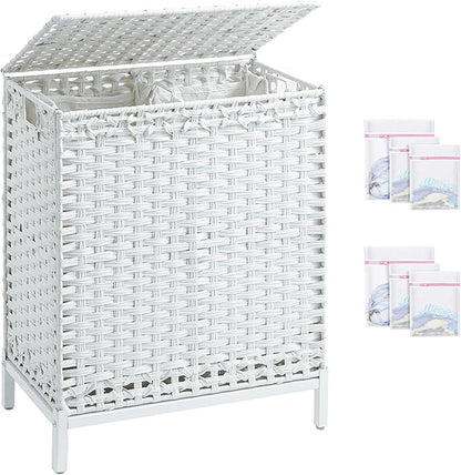 Laundry Hamper with Lid,112 L Handwoven Rattan Wicker Laundry Basket, 2 Removable Liner Bags Metal Heightened Feet,6 Mesh Bags,2 Section Large Clothes Hamper for Bathroom Bedroom, Cloud White