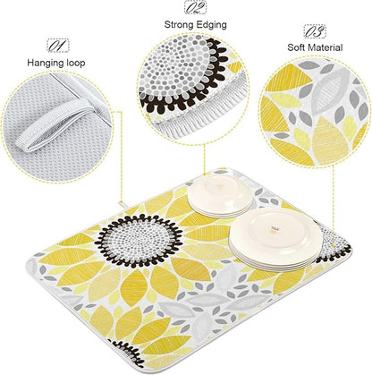 Super Absorbent Dish Drying Mat, Microfiber Fast-Drying Dish Mat, 16" x 18", Kitchen Dish Drying Pad, Sunflowers