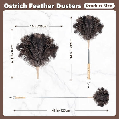 Ostrich Feather Dusters for Cleaning Kit - Reusable Soft Feather Duster Extendable to 49 inches for Cleaning Ceiling Fan, High Ceiling, Blinds & Retractable Small Duster for Keyboard, Car