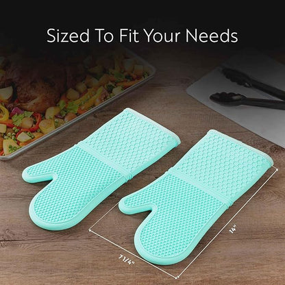 Comfy Grip 14 x 7.3 Inch Thick Baking Mitts, 1 Food-Grade Cooking Glove Set - 2-Piece Set, Heat-Resistant, Turquoise Silicone Oven Mitts, Honeycomb Texture, With Soft Cotton Lining - Restaurantware