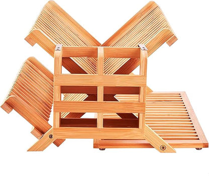 Foldable Bamboo Dish Rack, 3-Tier Wooden Dish Drainer & Utensil Holder for Kitchen - Large Countertop Drying Rack for Dishes and Plates, Natural Compact Storage