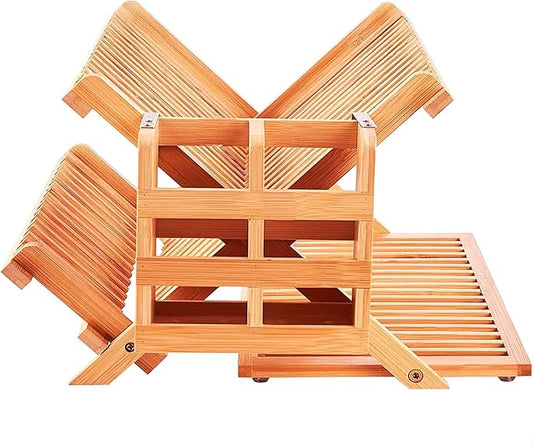 Foldable Bamboo Dish Rack, 3-Tier Wooden Dish Drainer & Utensil Holder for Kitchen - Large Countertop Drying Rack for Dishes and Plates, Natural Compact Storage