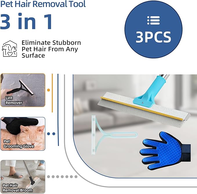 Carpet Rake for Pet Hair Removal - 54" Adjustable 2 in 1 Carpet Broom with Copper Rake Scraper & TPU Brush, Reusable Cat Dog Hair Remover Tool for Deep Cleaning Carpets, Rugs, Mats, and Stairs (Blue)