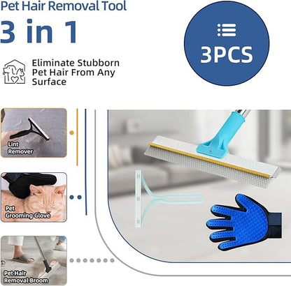 Carpet Rake for Pet Hair Removal - 54" Adjustable 2 in 1 Carpet Broom with Copper Rake Scraper & TPU Brush, Reusable Cat Dog Hair Remover Tool for Deep Cleaning Carpets, Rugs, Mats, and Stairs (Blue)