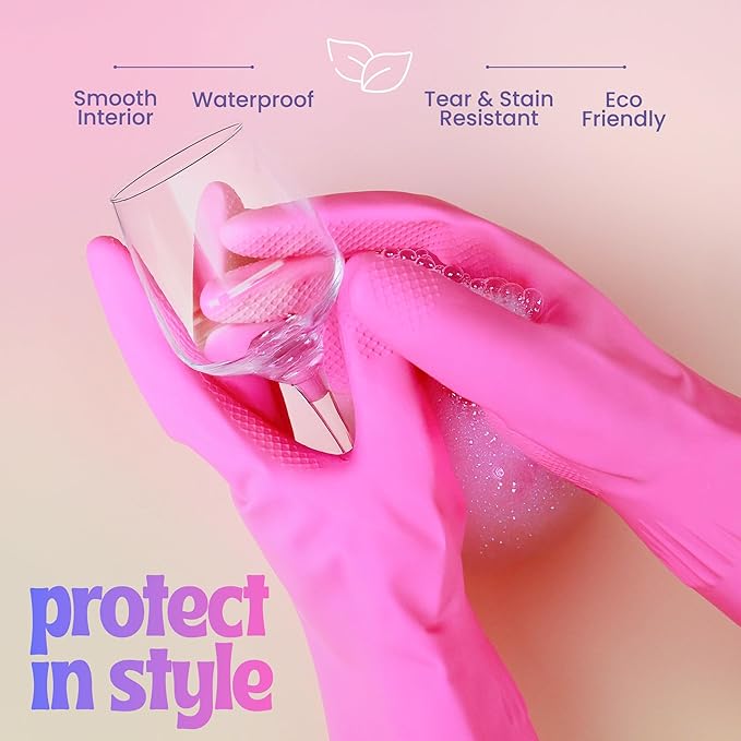 Happy Hands Rubber Cleaning Gloves – Versatile Waterproof Reusable Pink Gloves for Kitchen, Dishwashing, and Household Tasks, Hi-Tech Grip, Non-Slip, Tear-Resistant & Skin Friendly