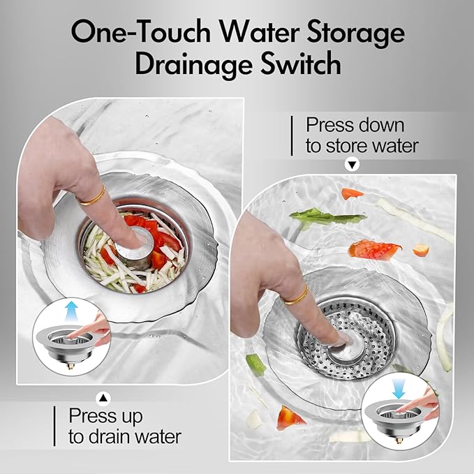 3 in 1 Kitchen Sink Drain Strainer & Sink Stopper, 304 Stainless Steel Pop Up Sink Drain Stopper with Anti-Clogging Basket for US Standard (Silver)